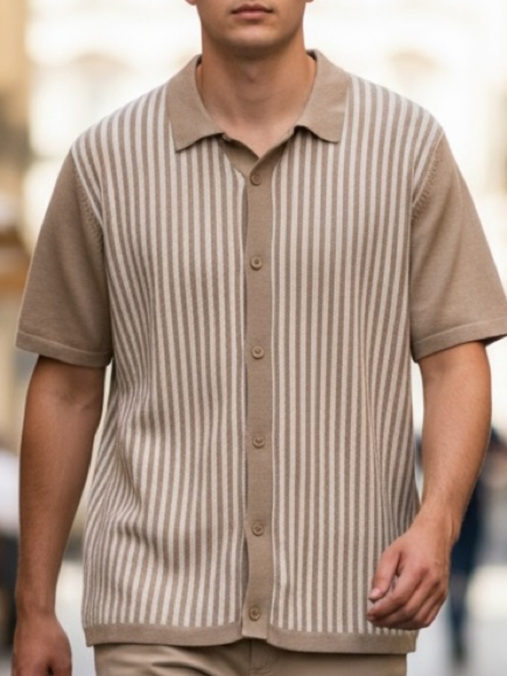 Threadbare Men's Tan & Cream Striped Knit Polo SZ XL EUC Casual Preppy